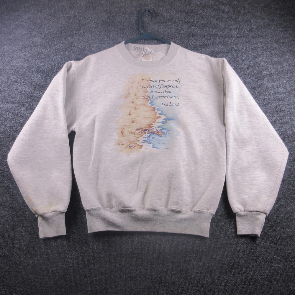 Jerzees Sweatshirt Mens Small‎ Gray Footprints Beach Christian Graphic Pullover